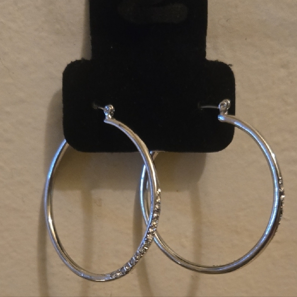 Vintage Women's Silver Hoop Earrings with Rhinestone Accents